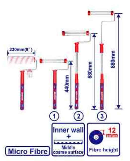 Professional Telescoping Cylinder Brush 230mm 9" Micro Fiber - Min 440mm Max 880mm 3-Part Aluminum Tube 8mm Shank Roller Cover 4 Shanks